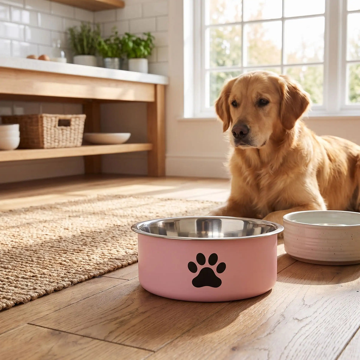 Gamelle chien, chiot, inox 304-3-tailles robuste et indéformable p design hygiénique, lavable en lave-vaisselle avec son fond antidérapant en silicone pour une stabilité à toute épreuve, anti renversement, anti éclaboussures, design noir avec patte de chien, en rose, bleu ou gris disponible en 3 tailles 250/500/1000 ml pour race de chiot ou chien de petite, moyenne, grande taille-gros plan sur la gamelle rose hygiénique grande taille de 1 litre avec son fond 100% antidérapant sur le sol de la cuisine