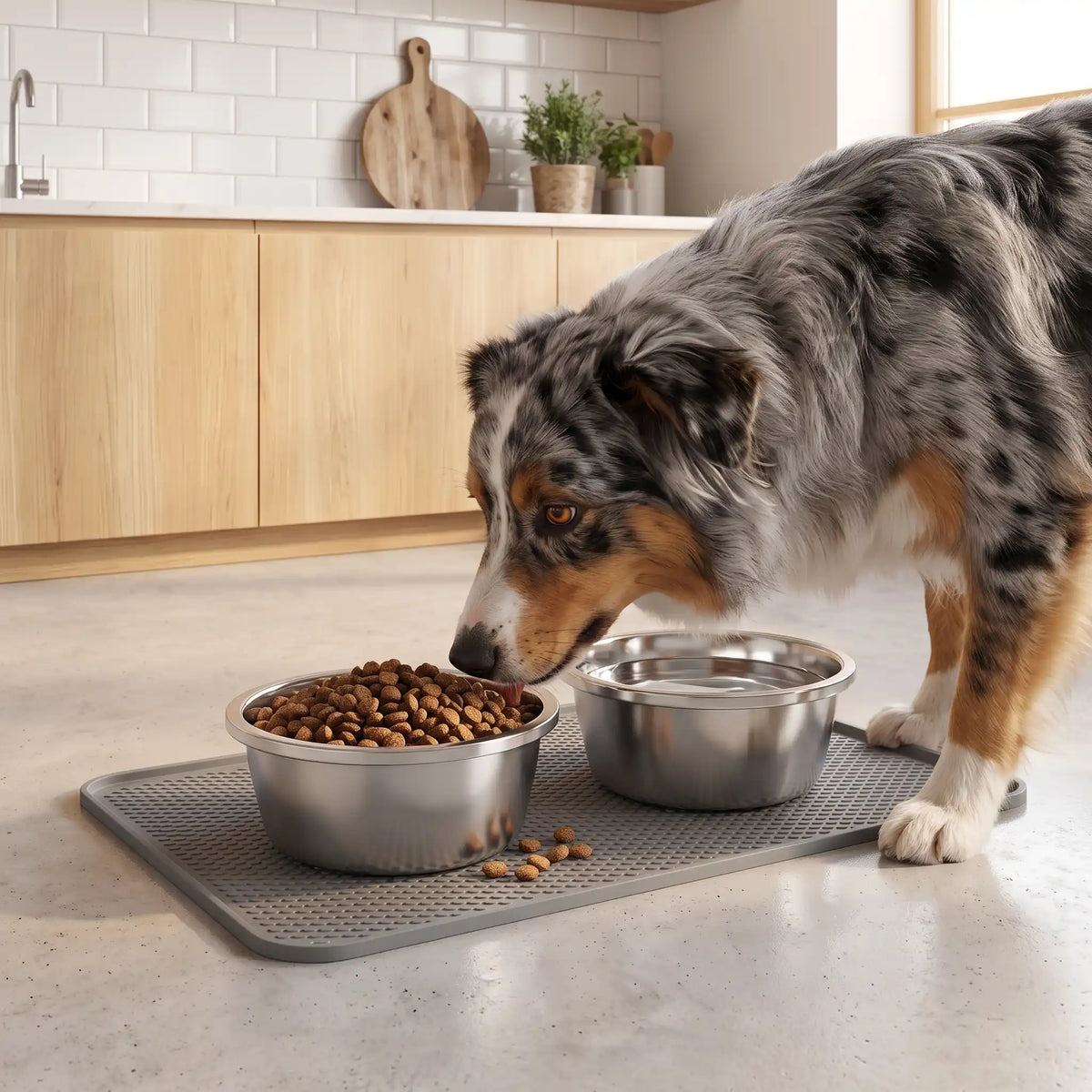 Gamelle-chien-chiot-inox 201 brillant, indéformable, surface lisse avec rebord, disponible en 4 tailles ⌀ 18/22/26/30cm , lavable au lave-vaisselle, lourde et stable, hygiénique, de qualité alimentaire, sans danger, et durable-un chien de moyenne race qui mange dans sa gamelle en inox remplie de croquette posé sur son tapis pour gamelle gris sur le sol de la cuisine de la maison