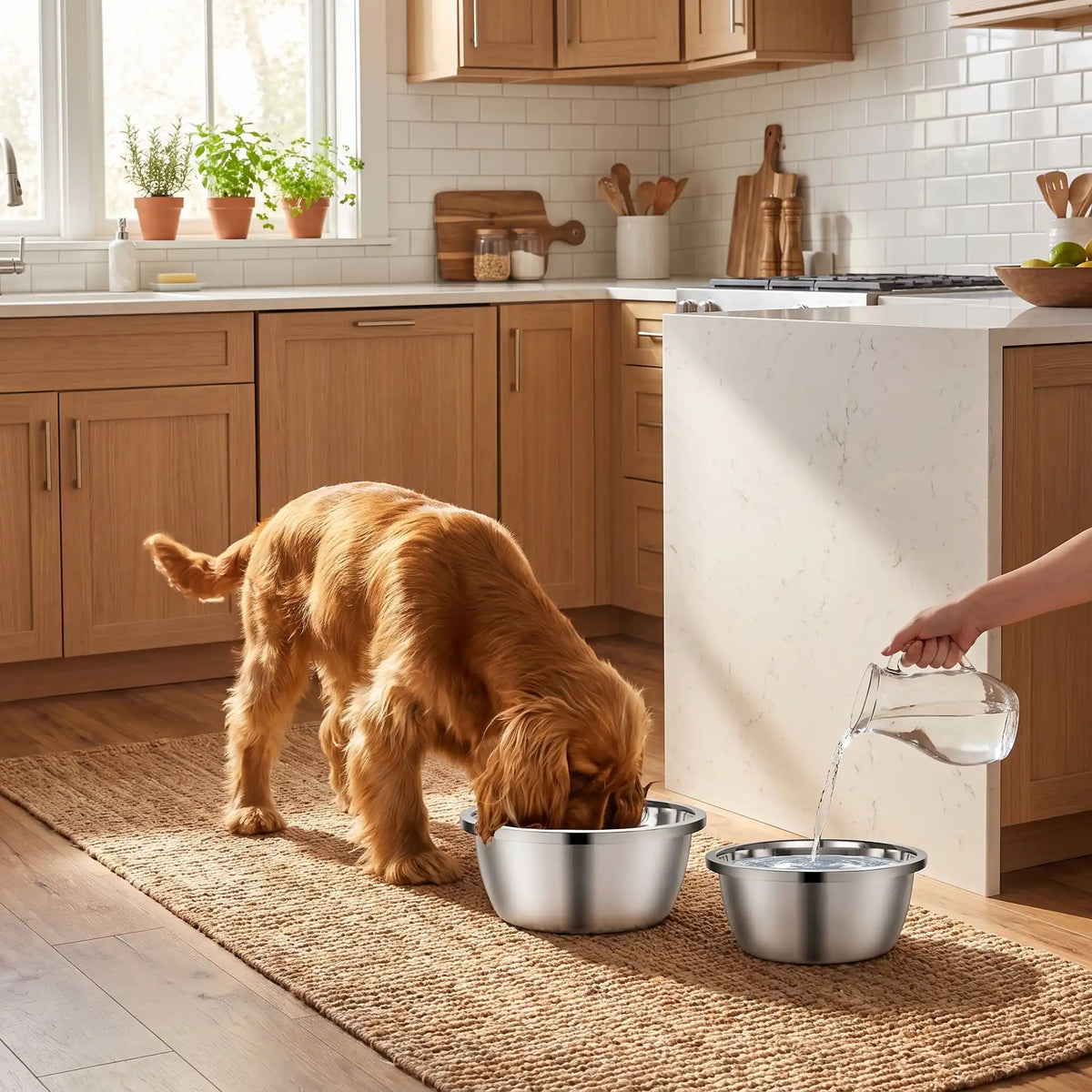 Gamelle-chien-chiot-inox 201 indéformable, surface lisse avec rebord, disponible en 4 tailles ⌀ 18/22/26/30cm , lavable au lave-vaisselle, lourde et stable, hygiénique, de qualité alimentaire, sans danger, et durable-un chien de taille moyenne qui mange dans sa gamelle en inox avec sa maitresse qui remplit la deuxième gamelle en inox d'eau dans la cuisine de l'appartement