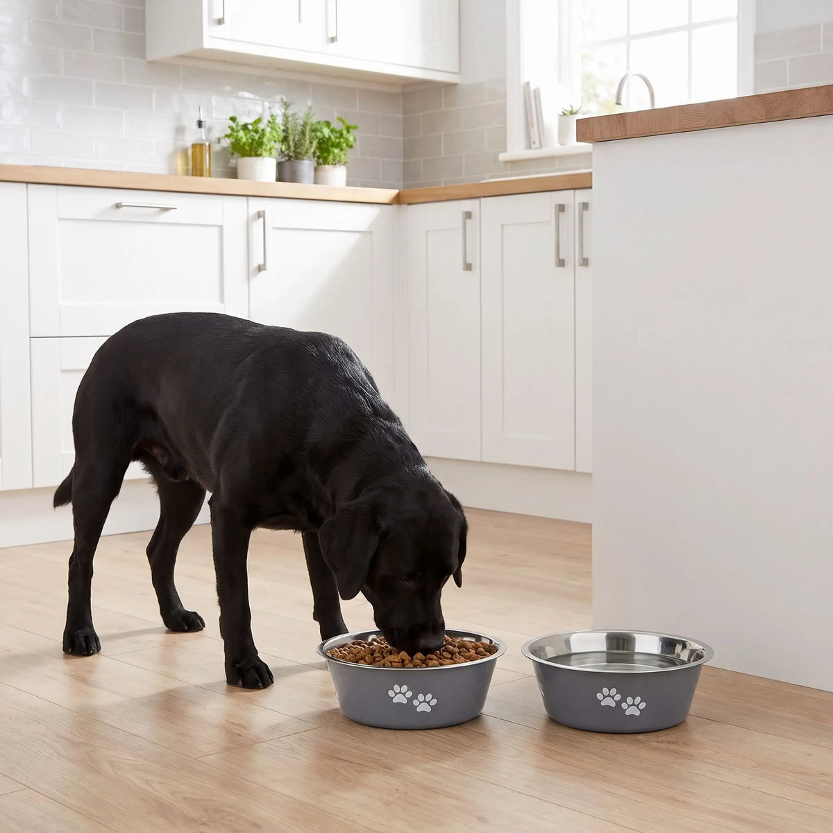 Gamelle-chien-chiot-lot-de-2-inox durable et robuste, design bleu ou gris avec pattes de chiens blanches , lavable en lave -vaisselle avec fond 360° en caoutchouc antidérapant et anti renversement, anti-rayures au sol, disponible en 4 tailles : 400/800 ml ou 1,5/2 litres pour chiot et chien de petite, moyenne et grande race- un chien de grande taille qui mange dans sa gamelle inox grise remplie de croquette à côté de l'autre gamelle grise remplie d'eau fraiche sur le sol en parquet flottant de la cuisine 