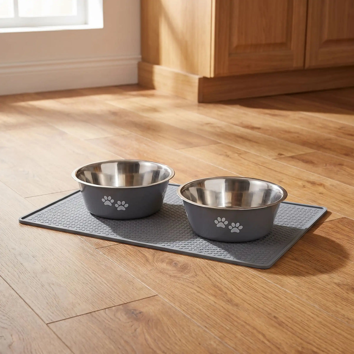 Gamelle-chien-chiot-lot-de-2-inox durable et robuste, design bleu ou gris avec pattes de chiens blanches , lavable en lave -vaisselle avec fond 360° en caoutchouc antidérapant et anti renversement, anti-rayures au sol, disponible en 4 tailles : 400/800 ml ou 1,5/2 litres pour chiot et chien de petite, moyenne et grande race- gros plan sur les deux gamelles en inox hygiénique teinté à l'exterieur d'un design gris avec pattes de chien blanches sur le tapis pour gamelle gris sur le parquet en bois du salon 