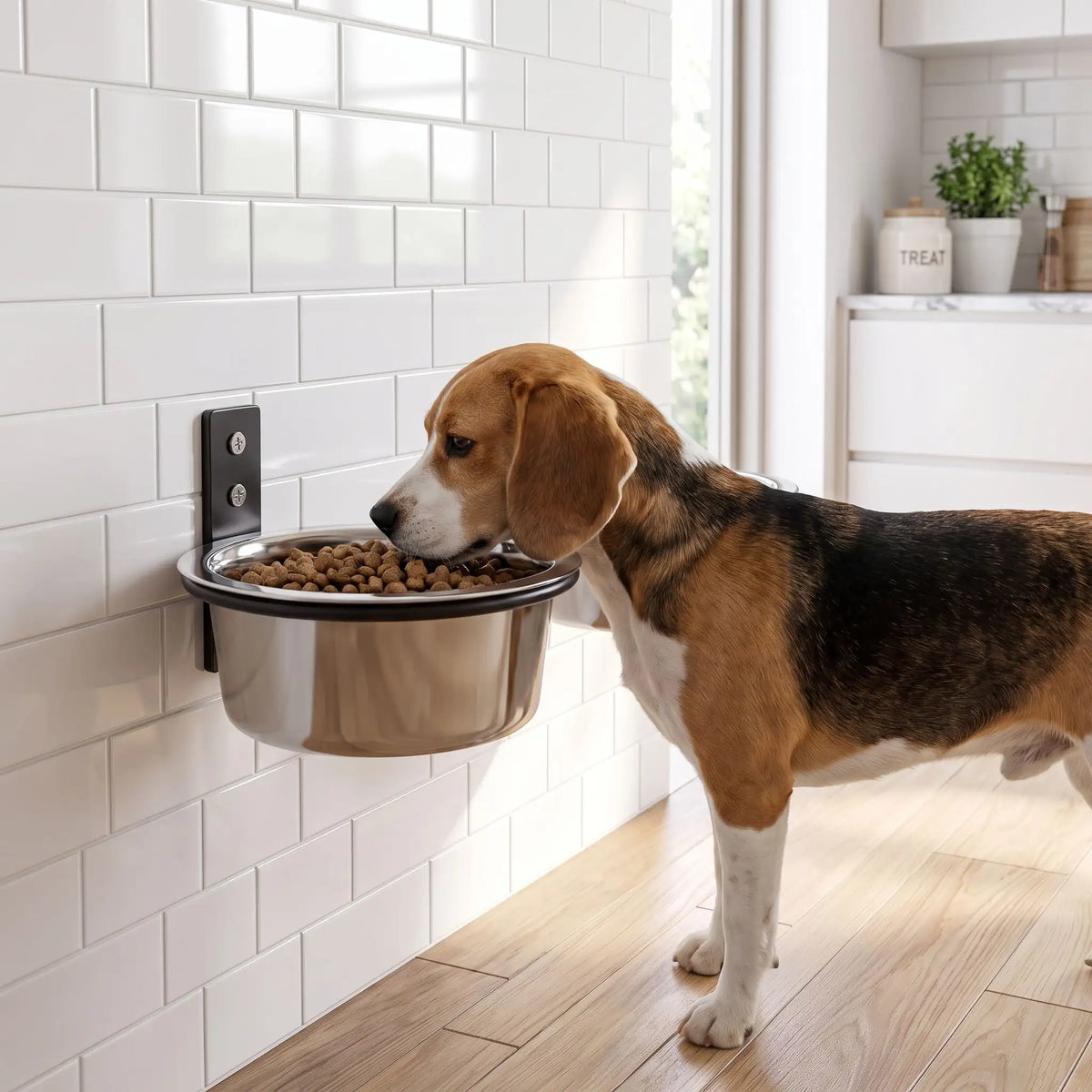 Gamelle-chien-hauteur-chiot-murale-avec support en forme d'anneau  en acier robuste à fixer sur toute surfaces lisses, rabattable pour un gain de place et gamelle en inox lavable au lave vaisselle, disponible en 2 tailles de diamètre 17 cm et 21 cm pour chien et chiot de petite à moyenne race, contenance 500 à 700 ml et de 1,5 litres pour la grande taille-un chien de taille moyenne qui mange confortablement, sa posture alignée; dans sa gamelle en inox surélevé dans son support en arceau solide vissé au mur 