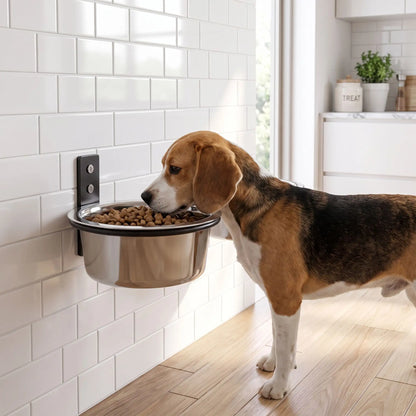 Gamelle-chien-hauteur-chiot-murale-avec support en forme d'anneau  en acier robuste à fixer sur toute surfaces lisses, rabattable pour un gain de place et gamelle en inox lavable au lave vaisselle, disponible en 2 tailles de diamètre 17 cm et 21 cm pour chien et chiot de petite à moyenne race, contenance 500 à 700 ml et de 1,5 litres pour la grande taille-un chien de taille moyenne qui mange confortablement, sa posture alignée; dans sa gamelle en inox surélevé dans son support en arceau solide vissé au mur 