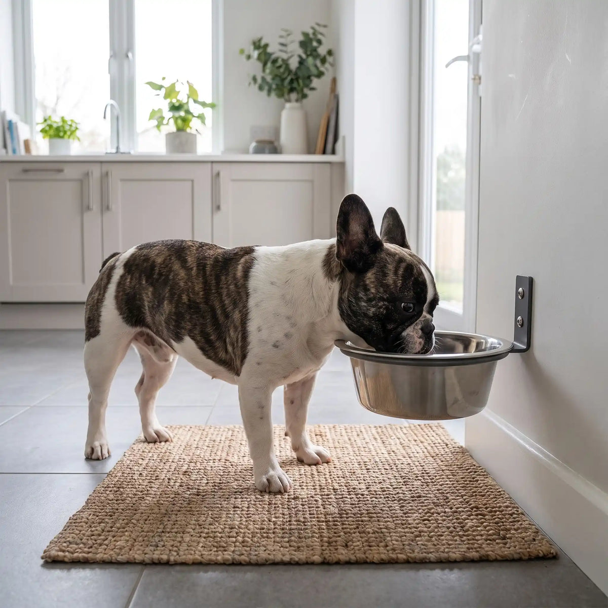 Gamelle-chien-hauteur-chiot-murale-avec support en forme d'anneau  en acier robuste à fixer sur toute surfaces lisses, rabattable pour un gain de place et gamelle en inox lavable au lave vaisselle, disponible en 2 tailles de diamètre 17 cm et 21 cm pour chien et chiot de petite à moyenne race, contenance 500 à 700 ml et de 1,5 litres pour la grande taille-un petit chien qui mange confortablement, sa posture alignée; dans sa gamelle en inox surélevé dans son arceau en acier robuste vissé au mur de la cuisine