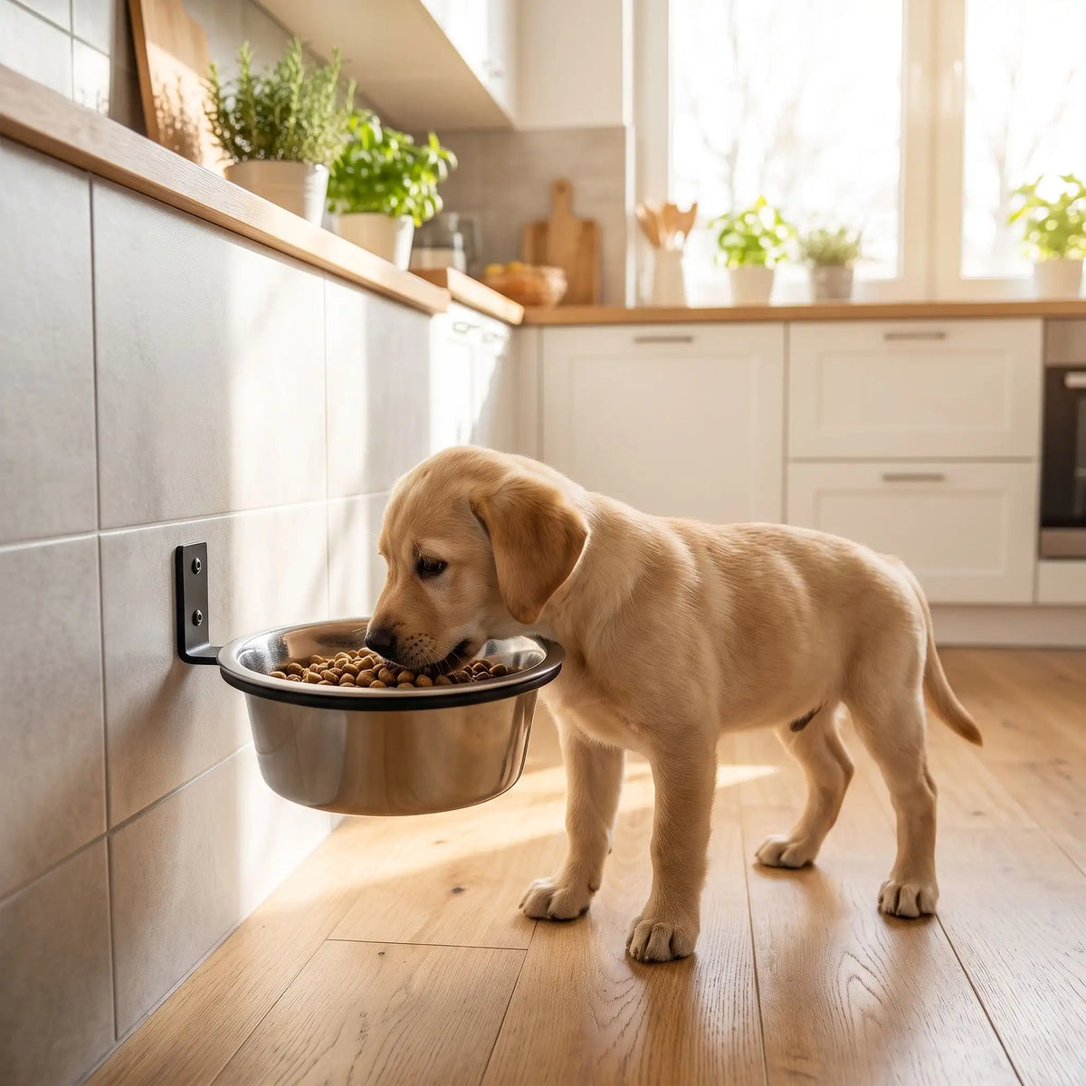 Gamelle-chien-hauteur-chiot-murale-avec support en forme d'anneau  en acier robuste à fixer sur toute surfaces lisses, rabattable pour un gain de place et gamelle en inox lavable au lave vaisselle, disponible en 2 tailles de diamètre 17 cm et 21 cm pour chien et chiot de petite à moyenne race, contenance 500 à 700 ml et de 1,5 litres pour la grande taille-un chiot de race moyenne qui mange confortablement, sa posture alignée; dans sa gamelle en inox surélevé dans son support vissé au meuble de la cuisine