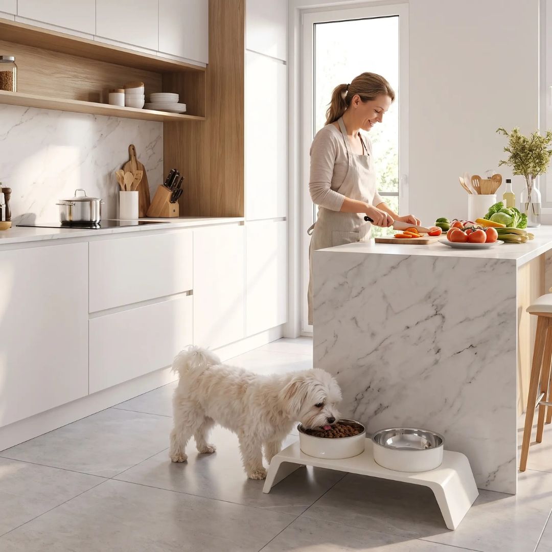 Gamelle-chien-surélevée-chiot-design de couleur blanc épuré de 8,5 cm de hauteur avec ses deux gamelles en inox amovibles lavable en lave-vaisselle avec pieds antidérapants, adapté aux chiots et chiens de petite race ou petite taille- un chien de petite taille qui mange confortablement et dans la bonne posture dans sa gamelle surélevée sur son support design moderne blanc avec sa gamelle d'eau intégré à côté de sa maitresse qui cuisine,  sur le sol de la cuisine de la maison