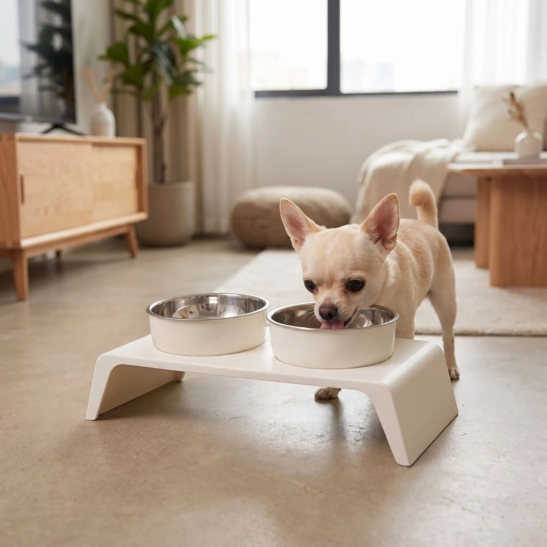 Gamelle-chien-surélevée-chiot-design de couelur blanc épuré de 8,5 cm de hauteur avec ses deux gamelles en inox amovibles lavable en lave-vaisselle avec pieds antidérapants, adapté aux chiots et chiens de petite race ou petite taille- un chien de race Toy qui mange confortablement et dans la bonne posture dans sa gamelle surélevée sur son support design moderne blanc avec sa gamelle d'eau intégré sur le sol du studio