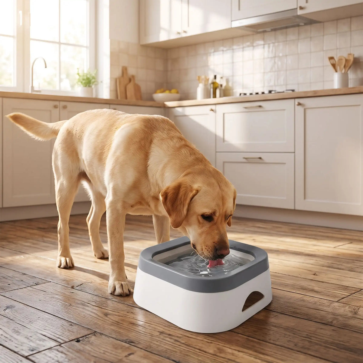 Gamelle-d-eau-pour-chien et chiot anti-éclaboussures et anti bave, en ABS robuste de qualité alimentaire, sans BPA, démontable en 3 parties: contenant carré avec plateau folttant qui distribue l'eau et la garde propre et son socle supérieur qui assure la sécurité de l'ensemble et ses pieds antidérapant, capacité de 1 litre pour chiot et chien de petite à moyenne race-un chien de moyenne taille qui boit proprement et confortablement dans sa gamelle d'eau anti renversement sur le sol en parquet de la cuisine 