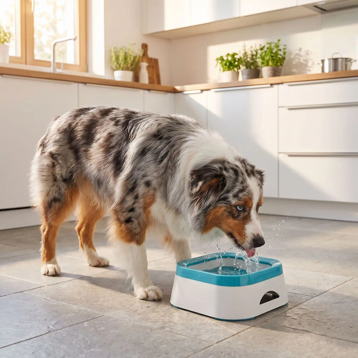 Gamelle-d-eau-pour-chien et chiot anti-éclaboussures et anti bave, en ABS robuste de qualité alimentaire, sans BPA, démontable en 3 parties: contenant carré avec plateau folttant qui distribue l'eau et la garde propre et son socle supérieur qui assure la sécurité de l'ensemble et ses pieds antidérapant, capacité de 1 litre pour chiot et chien de petite à moyenne race-un chien de moyenne race qui boit proprement et confortablement dans sa gamelle d'eau anti renversement sur le sol en carrelage de la cuisine 