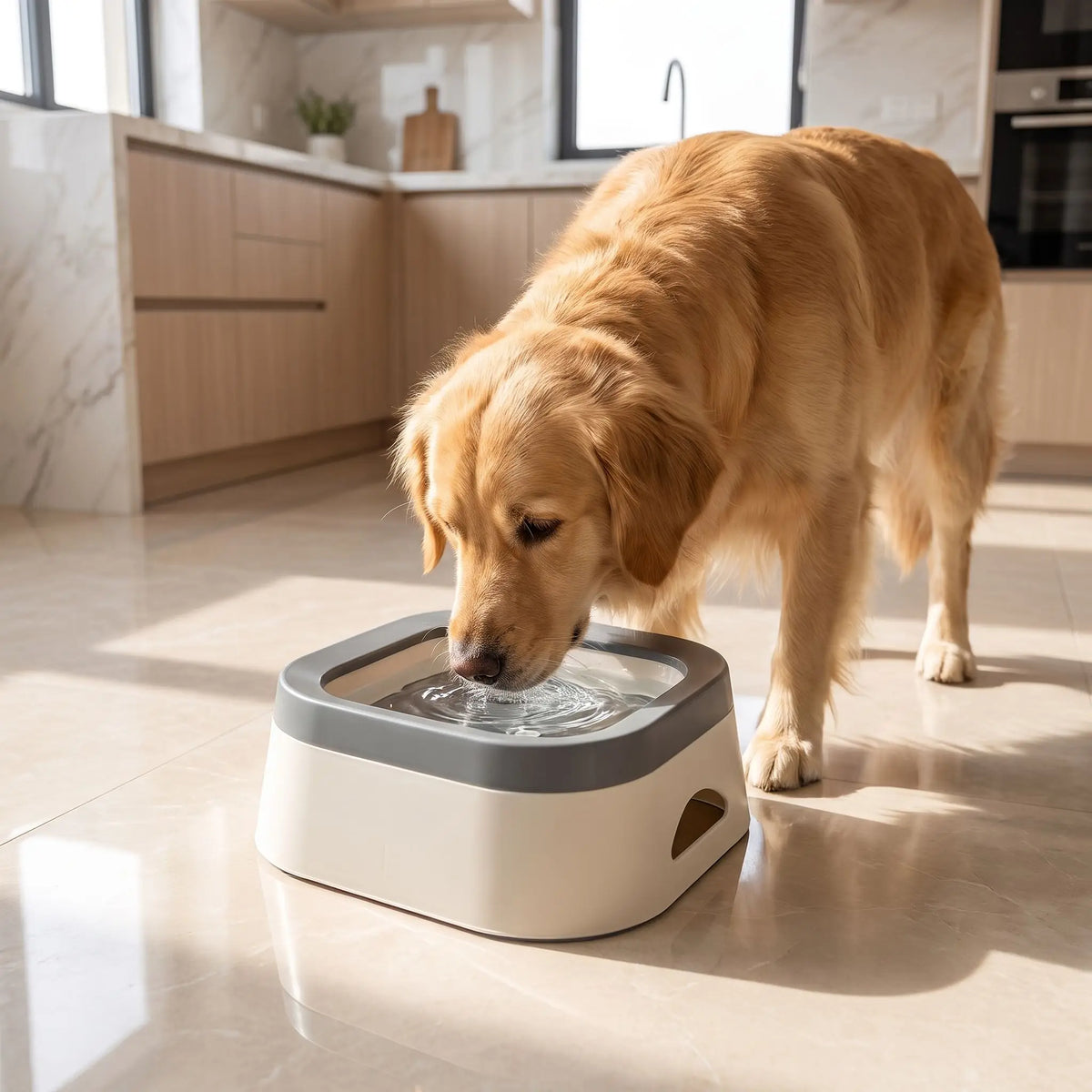 Gamelle-d-eau-pour-chien et chiot anti-éclaboussures et anti bave, en ABS robuste de qualité alimentaire, sans BPA, démontable en 3 parties: contenant carré avec plateau folttant qui distribue l'eau et la garde propre et son socle supérieur qui assure la sécurité de l'ensemble et ses pieds antidérapant, capacité de 1 litre pour chiot et chien de petite à moyenne race-un chien de moyenne taille qui boit proprement et confortablement dans sa gamelle d'eau anti renversement sur le sol en lino de la cuisine 