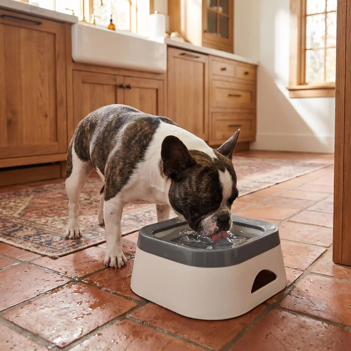 Gamelle-d-eau-pour-chien et chiot anti-éclaboussures et anti bave, en ABS robuste de qualité alimentaire, sans BPA, démontable en 3 parties: contenant carré avec plateau folttant qui distribue l'eau et la garde propre et son socle supérieur qui assure la sécurité de l'ensemble et ses pieds antidérapant, capacité de 1 litre pour chiot et chien de petite à moyenne race-un chien de moyenne race à museau plat qui boit proprement et confortablement dans sa gamelle d'eau anti renversement sur le sol en dalle 