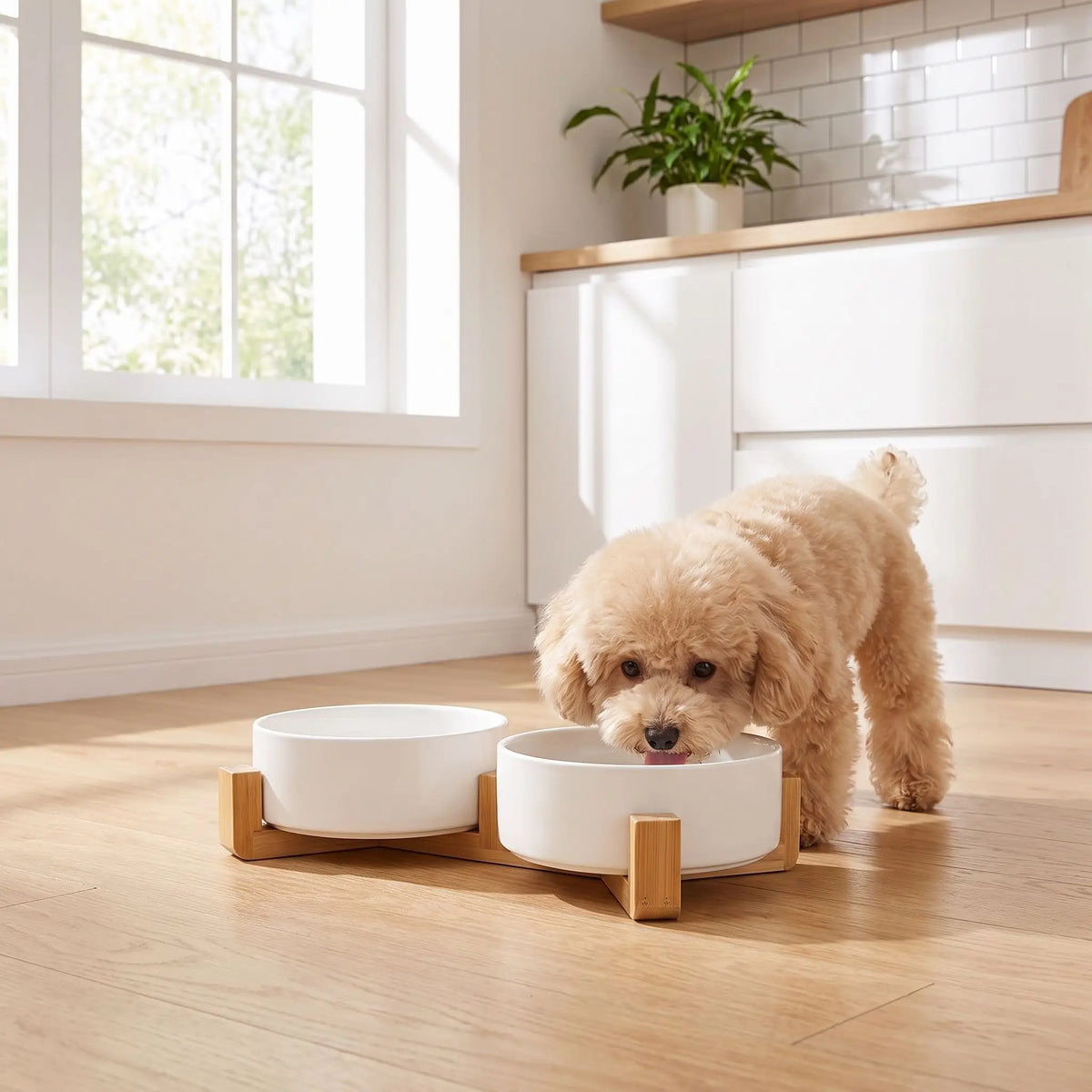 Gamelle-céramique-pour-chien et chiot double-compatible-lave-vaisselle avec son support anti renversement en bambou naturel, 2 gamelles d'une contenance de 350ml chacune soit 700ml au total pour chiot et chien de petite taille de 0 à 6 kilos, disponible en 3 coloris : jaune, vert et blanc, garanti sans produits toxiques ou chimiques et de qualité alimentaire, robuste et design- un chiot de race moyenne qui boit confortablement dans sa gamelle double surélevée par le support en bois sur le sol en parquet 