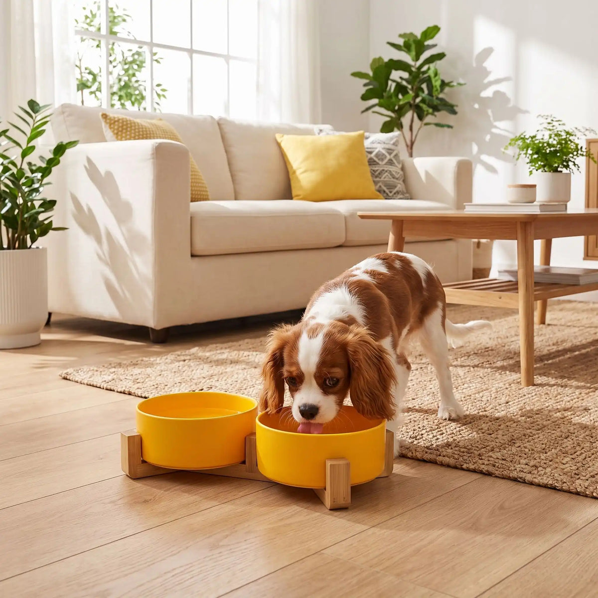 Gamelle-céramique-pour-chien et chiot double-compatible-lave-vaisselle avec son support anti renversement en bambou naturel, 2 gamelles d'une contenance de 350ml chacune soit 700ml au total pour chiot et chien de petite taille de 0 à 6 kilos, disponible en 3 coloris : jaune, vert et blanc, garanti sans produits toxiques ou chimiques et de qualité alimentaire, robuste et design- un chiot de race moyenne qui boit confortablement dans sa gamelle double surélevée par le support en bois sur le sol en parquet 
