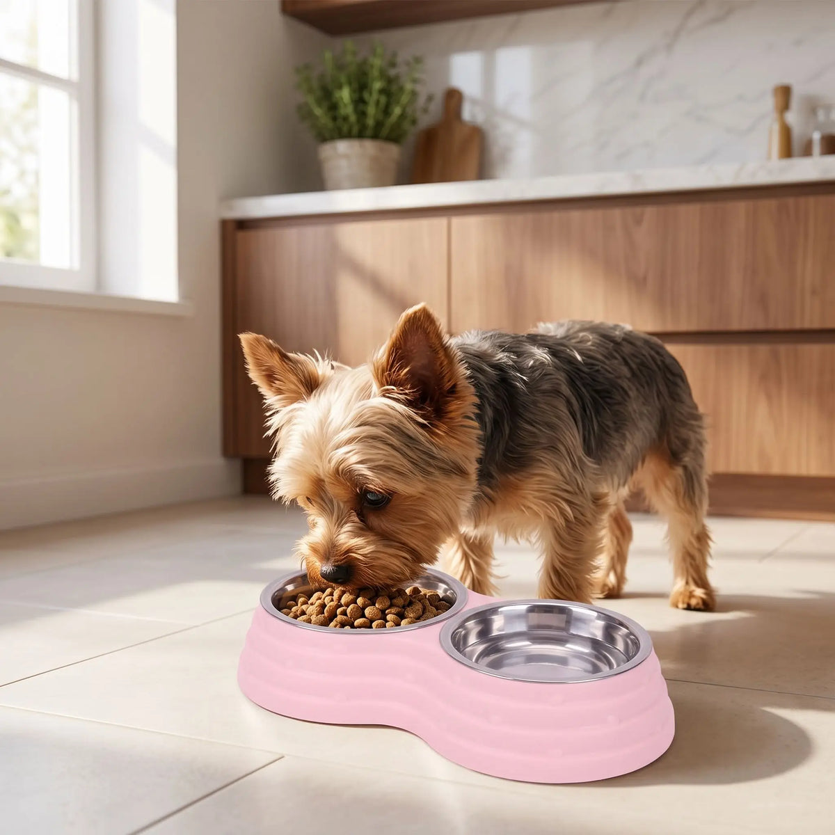 Gamelle-double-pour-chien et chiot amovible en inox , compatible au lave-vaisselle avec support en résine, design en 8 robuste, avec pieds antidérapants,anti-renversement disponible en 3 tailles pour chien de petite à moyenne race 200ml/500ml/700ml par bol et 3 coloris bleu, rose et vert-Un petit chien qui mange ses croquettes dans sa gamelle double avec sa gamelle d'eau intégré dans un support en résine rose surélevées et ses pieds antidérapants et anti-rayures sur le sol en parquet de la cuisine