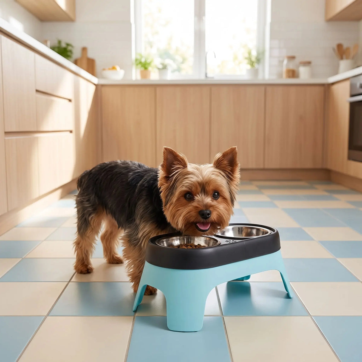 Gamelle-double-pour-chien-chiot-petite-race-surélevée, 2 gamelles en inox avec support en ABS de 14 cm de hauteur pour chiens âgés souffrant d'arthrite cervicale, animaux atteints de mégaœsophage nécessitant un angle élevé, chiens avec reflux gastrique cherchant un meilleur angle de déglutition, chien se remettant d'une blessure au cou ou au dos, lavable au lave vaisselle avec pieds antidérapant-un chien de petite taille qui mange confortablement dans sa gamelle double surélevée dans le support bleu