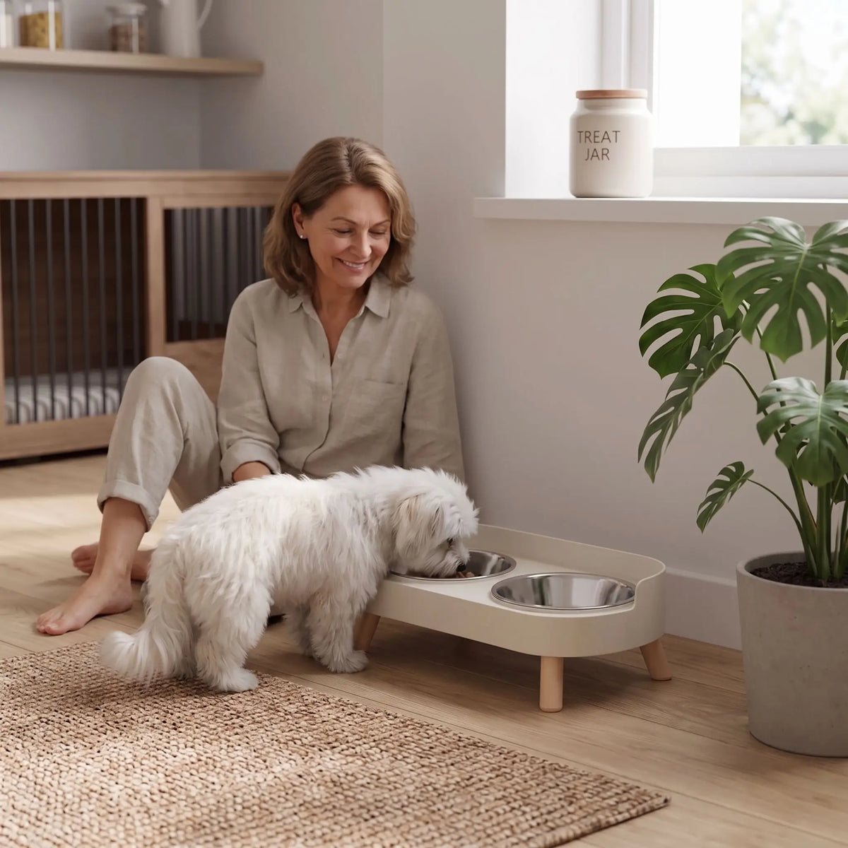 Gamelle-double-pour-chien-chiot-surélevé sur 4 pieds amovibles et support ABS avec rebord anti-éclabloussures et ses deux gamelles en Inox d'une capacité de 400 ml chacune lavable en lave-vaisselle en 4 couleurs: rose, jaune, blanc crème et vert pour chiot et chien- un chien de petite race qui mange confortablement dans sa gamelle de nourriture dans le support surélevé de couleur blanc crème de la double gamelle avec sa maitresse assise à côté de lui qui le regarde avec amour dans la cuisine de la maison