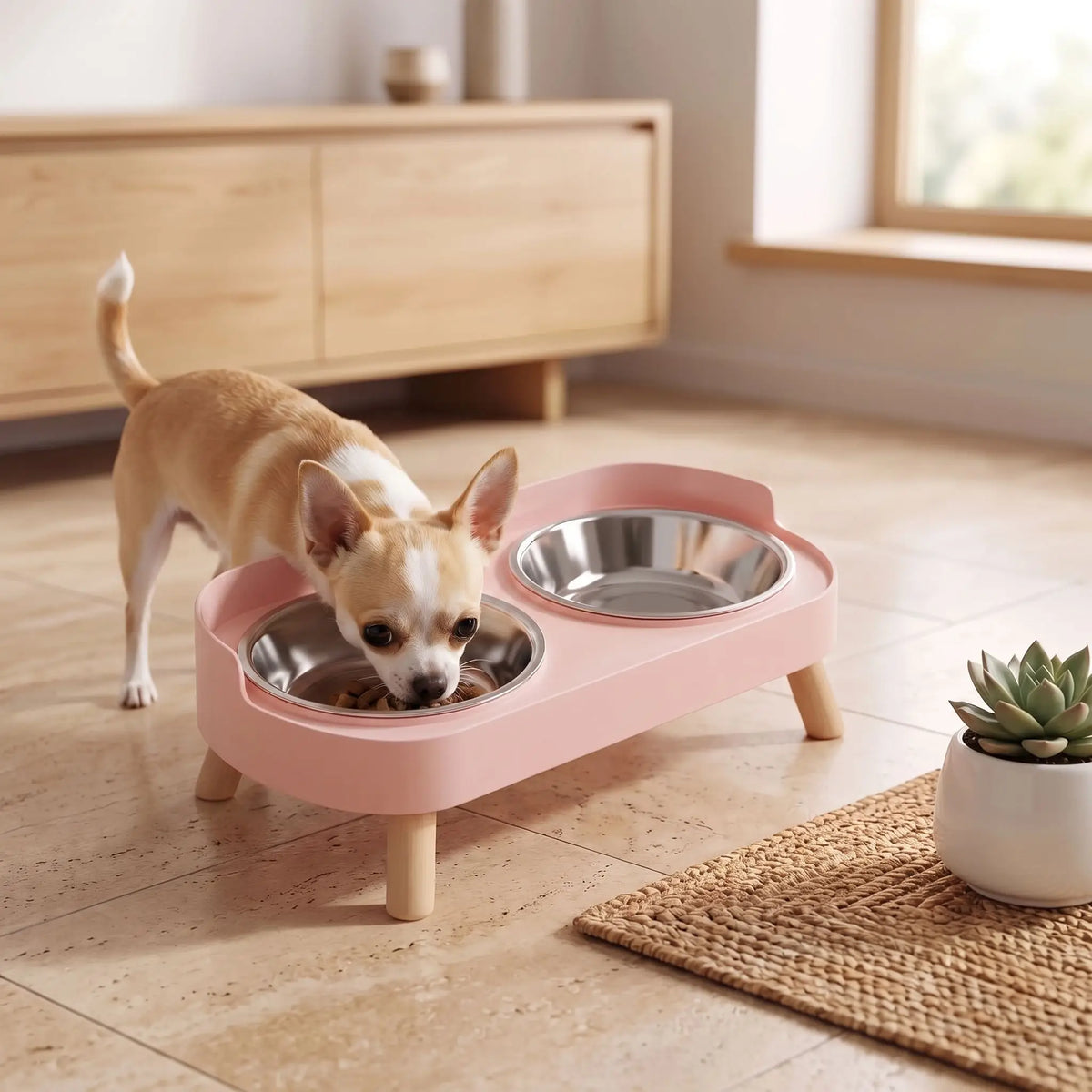 Gamelle-double-pour-chien-chiot-surélevé sur 4 pieds amovibles et support ABS avec rebord anti-éclabloussures et ses deux gamelles en Inox d'une capacité de 400 ml chacune lavable en lave-vaisselle en 4 couleurs: rose, jaune, blanc crème et vert pour chiot et chien- un chien de race naine qui mange confortablement dans sa gamelle de croquettes dans le support surélevé de couleur rose de la double gamelle dans le salon de l'appartement