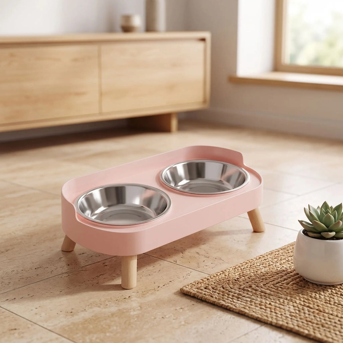Gamelle-double-pour-chien-chiot-surélevé sur 4 pieds amovibles et support ABS avec rebord anti-éclabloussures et ses deux gamelles en Inox d'une capacité de 400 ml chacune lavable en lave-vaisselle en 4 couleurs: rose, jaune, blanc crème et vert pour chiot et chien- gros plan sur les gamelles doubles dans le support surélevé de couleur rose dans le salon de l'appartement