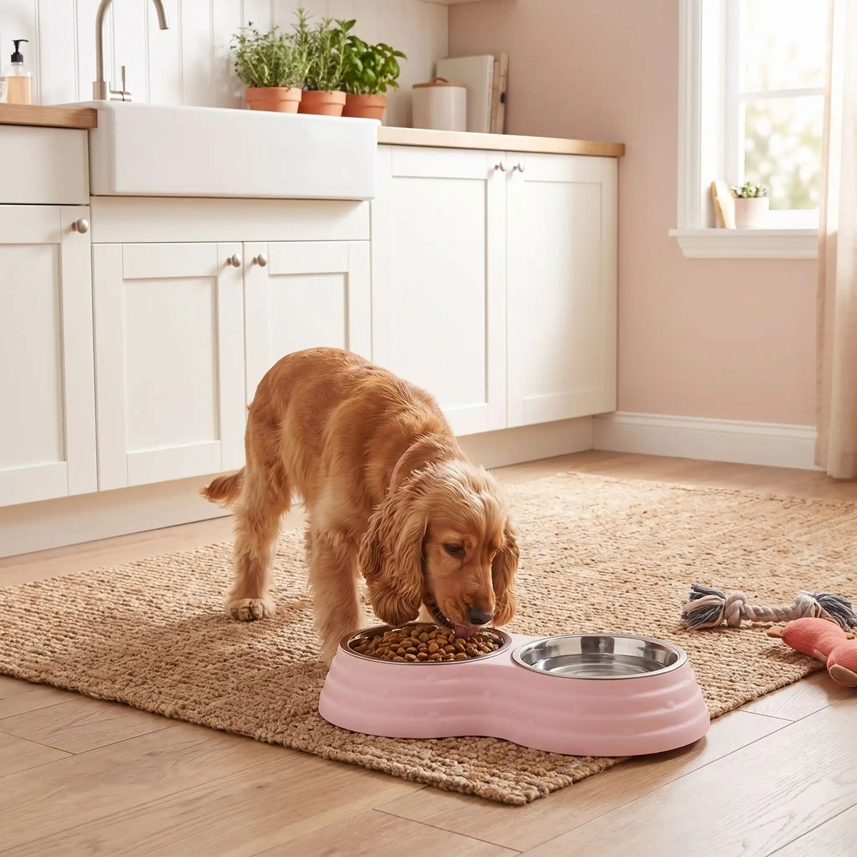 Gamelle-double-pour-chien et chiot amovible en inox , compatible au lave-vaisselle avec support en résine, design en 8 robuste, avec pieds antidérapants,anti-renversement disponible en 3 tailles pour chien de petite à moyenne race 200ml/500ml/700ml par bol et 3 coloris bleu, rose et vert-Un chien moyen à grandes oreilles qui mange ses croquettes dans sa gamelle double avec sa gamelle d'eau intégré dans un support en résine rose surélevées et ses pieds antidérapants et anti-rayures sur le sol de la cuisine