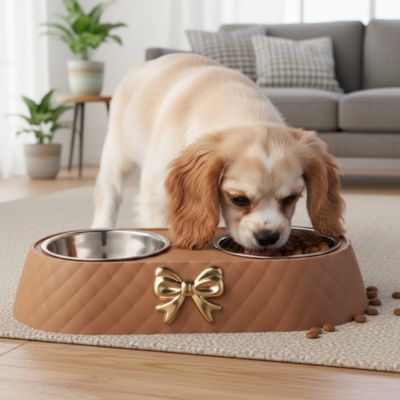 Gamelle-double-pour-chien-petit-avec-support-design noeud doré avec 2 gamelles inox amovibles et lavable en lave-vaisselle, support surélevé en ABS avec pieds antidérapant et anti-renversement, disponible en 3 coloris : marron, vert olive et blanc et chiot de petite race et petite taille avec pour chaque gamelle une contenance de 250 ml chacune-un chiot qui mange confortablement dans sa gamelle double avec croquette et eau dans le support stable anti glissement sur le sol du salon de l'appartement