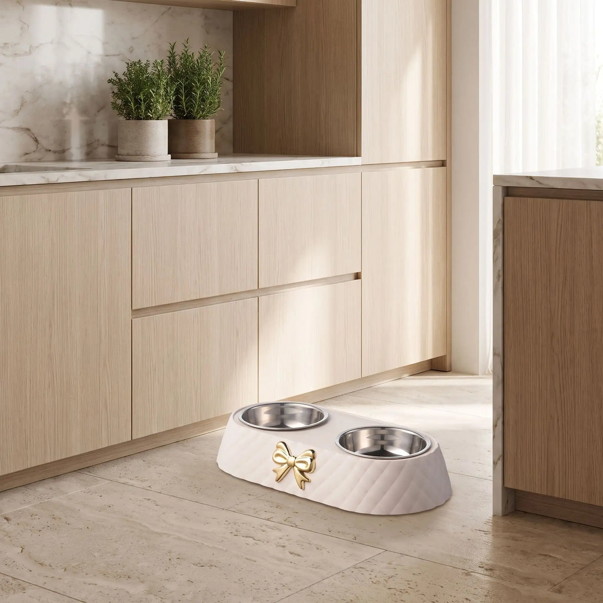 Gamelle-double-pour-chien-petit-avec-support-design noeud doré avec 2 gamelles inox amovibles et lavable en lave-vaisselle, support surélevé en ABS avec pieds antidérapant et anti-renversement, disponible en 3 coloris : marron, vert olive et blanc et chiot de petite race et petite taille avec pour chaque gamelle une contenance de 250 ml chacune-gros plan sur la gamelle double pour nourriture et eau dans un seul support stable anti glissement en hateur de couleur blanc sur le sol du salon de la maison