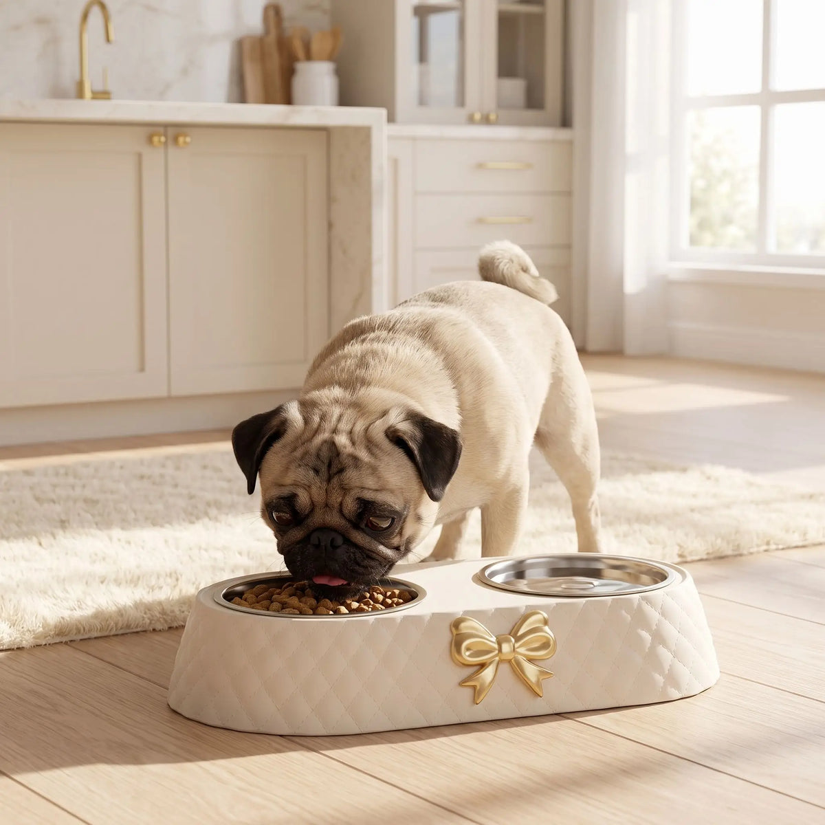 Gamelle-double-pour-chien-petit-avec-support-design noeud doré avec 2 gamelles inox amovibles et lavable en lave-vaisselle, support surélevé en ABS avec pieds antidérapant et anti-renversement, disponible en 3 coloris : marron, vert olive et blanc et chiot de petite race et petite taille avec pour chaque gamelle une contenance de 250 ml chacune-un chiot de race moyenne à museau plat qui mange confortablement dans sa gamelle double avec croquette et eau dans le support stable sur le sol de la cuisine