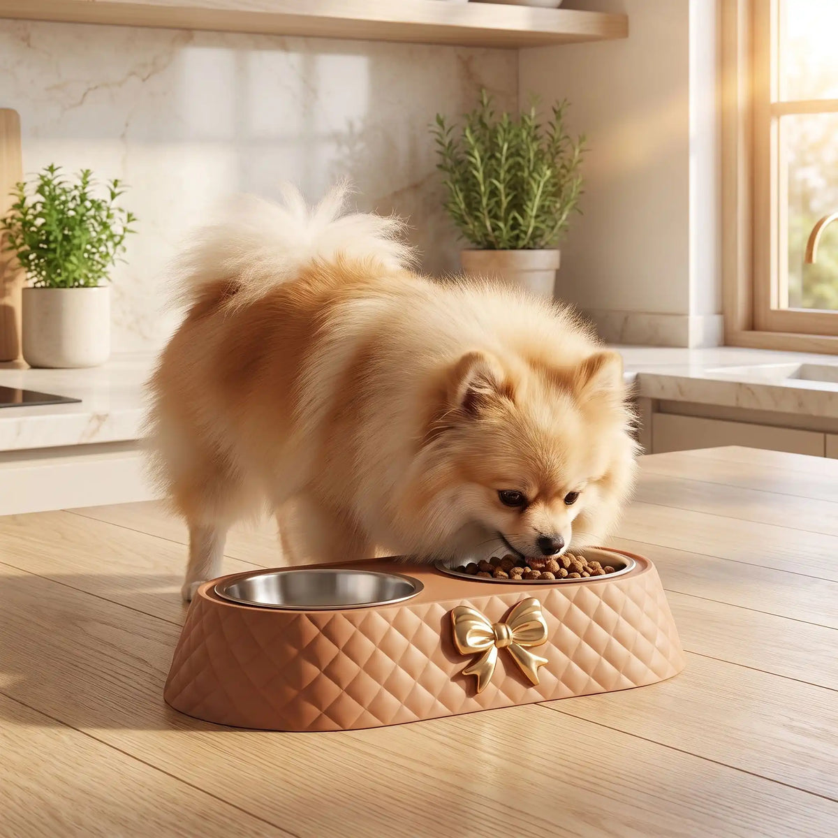 Gamelle-double-pour-chien-petit-avec-support-design noeud doré avec 2 gamelles inox amovibles et lavable en lave-vaisselle, support surélevé en ABS avec pieds antidérapant et anti-renversement, disponible en 3 coloris : marron, vert olive et blanc et chiot de petite race et petite taille avec pour chaque gamelle une contenance 250 ml chacune-un chien de petite race qui mange confortablement dans sa gamelle double avec croquette et eau dans le support stable anti glissement sur le sol du salon de la maison