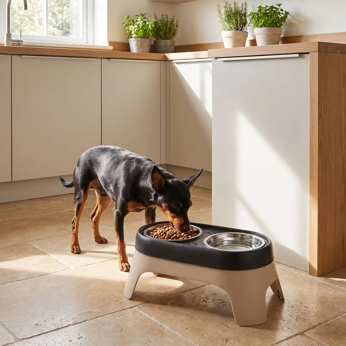 Gamelle-double-pour-chien-chiot-petite-race-surélevée, 2 gamelles en inox avec support en ABS de 14 cm de hauteur pour chiens âgés souffrant d'arthrite cervicale, animaux atteints de mégaœsophage nécessitant un angle élevé, chiens avec reflux gastrique cherchant un meilleur angle de déglutition, chien se remettant d'une blessure au cou ou au dos, lavable au lave vaisselle avec pieds antidérapant-un chien race toy qui mange confortablement dans sa gamelle double surélevée dans le support beige