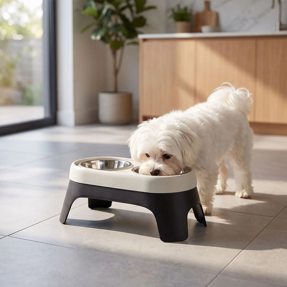 Gamelle-double-pour-chien-chiot-petite-race-surélevée, 2 gamelles en inox avec support en ABS de 14 cm de hauteur pour chiens âgés souffrant d'arthrite cervicale, animaux atteints de mégaœsophage nécessitant un angle élevé, chiens avec reflux gastrique cherchant un meilleur angle de déglutition, chien se remettant d'une blessure au cou ou au dos, lavable au lave vaisselle avec pieds antidérapant-un chien de petite race qui mange confortablement dans sa gamelle double surélevée dans le support noir