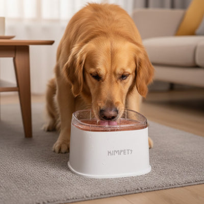Gamelle-eau-chien-anti-eclaboussure-chiot-anti-bave avec base flottante et rebord surélevé anti projection, en plastique PP robuste de qualité alimentaire sans BPA, lavable en lave-vaisselle, démontable en 3 parties, garde l'eau propre et hygiénique et les babines de chien et les sols de la maison secs, grande capacité de 2 litres en 3 couleurs : blanc, vert et noir-un chien de race moyenne qui boit proprement et sans salir le sol du salon; dans sa gamelle d'eau anti éclaboussure de couleur blanche