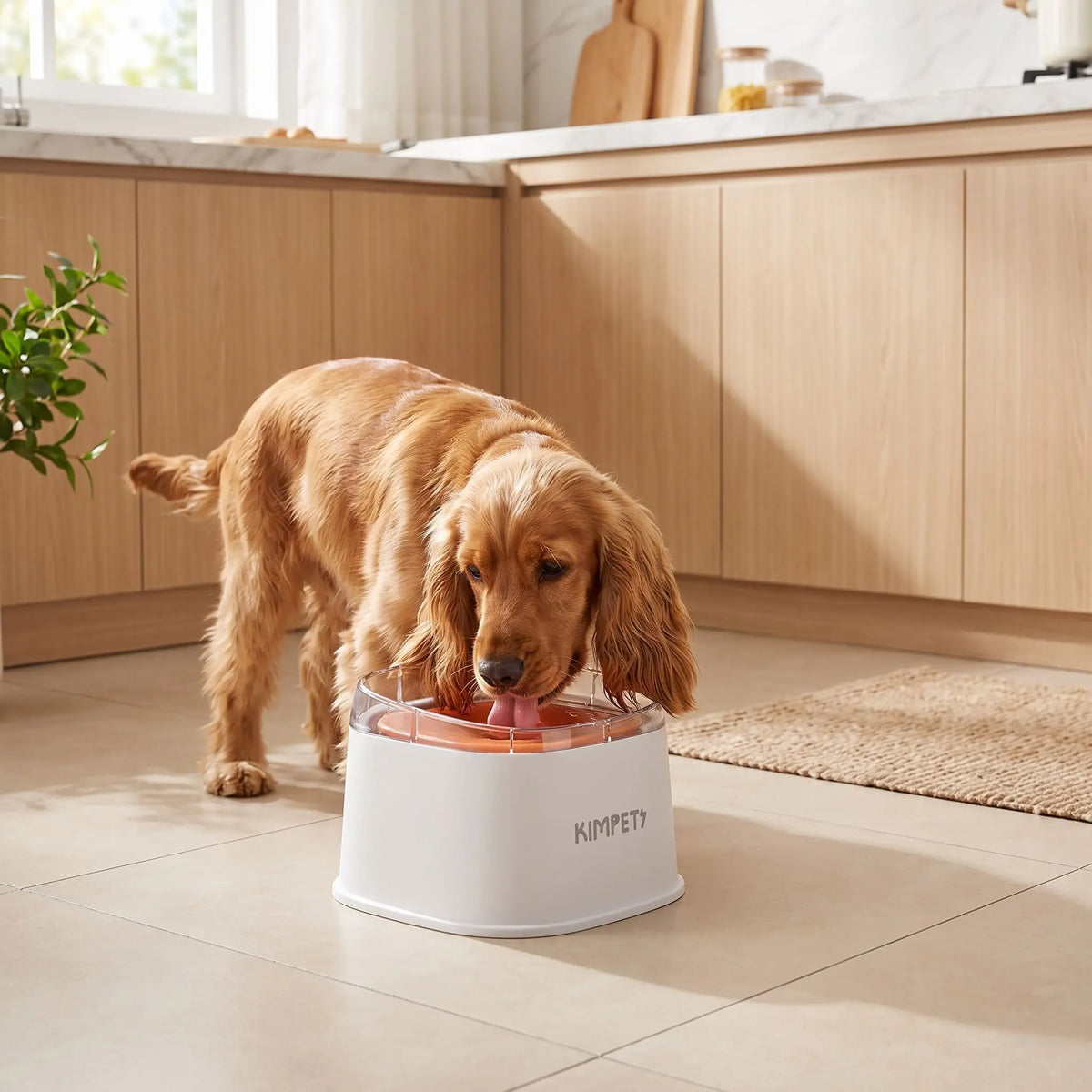 Gamelle-eau-chien-anti-eclaboussure-chiot-anti-bave avec base flottante et rebord surélevé anti projection, en plastique PP robuste de qualité alimentaire sans BPA, lavable en lave-vaisselle, démontable en 3 parties, garde l'eau propre et hygiénique et les babines de chien et les sols de la maison secs, grande capacité de 2 litres en 3 couleurs : blanc, vert et noir-un chien à longues oreilles qui boit proprement et sans salir le sol de la cuisine; dans sa gamelle d'eau anti éclaboussure de couleur blanche