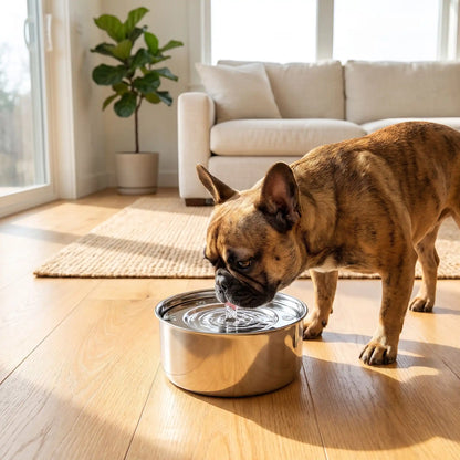 Gamelle-eau-chien-chiot anti-renversement, anti-éclaboussure en inox 304 de qualité alimentaire avec pieds antidérapants avec son plateau filtre anitbactéries, poussières, et poils, le tout 100% inox lavable au lave vaisselle, disponible en deux modèles : 1 litre et 3 litres pour chien de petite à grande taille-un chien race moyenne à museau plat qui boit proprement l'eau fraiche et hygiénique de la gamelle 100% inox anti odeur et bactéries avec ses pieds anti-rayures sur le paquet flottant du salon 