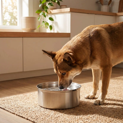 Gamelle-eau-chien-chiot anti-renversement, anti-éclaboussure en inox 304 de qualité alimentaire avec pieds antidérapants avec son plateau filtre anitbactéries, poussières, et poils, le tout 100% inox lavable au lave vaisselle, disponible en deux modèles : 1 litre et 3 litres pour chien de petite à grande taille-un chien race moyenne qui boit proprement l'eau fraiche et hygiénique de la gamelle 100% inox anti odeur et bactéries avec ses pieds anti-rayures sur le tapis de la cuisine de la maison