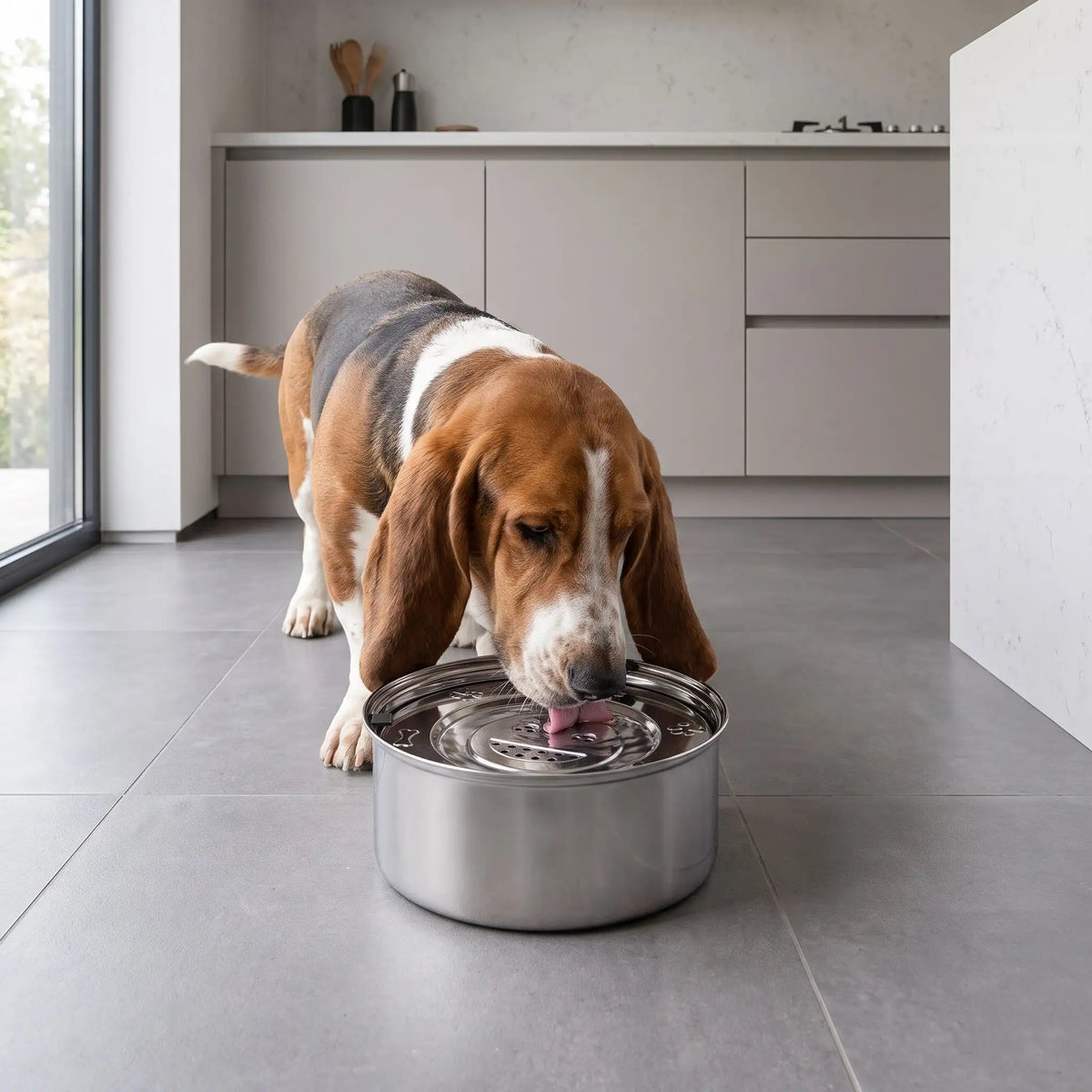Gamelle-eau-chien-chiot anti-renversement, anti-éclaboussure en inox 304 de qualité alimentaire avec pieds antidérapants avec son plateau filtre anitbactéries, poussières, et poils, le tout 100% inox lavable au lave vaisselle, disponible en deux modèles : 1 litre et 3 litres pour chien de petite à grande taille-un chien race moyenne à longues oreilles qui boit proprement l'eau fraiche et hygiénique de la gamelle 100% inox anti odeur et bactéries avec ses pieds anti-rayures sur le sol en carrelage 