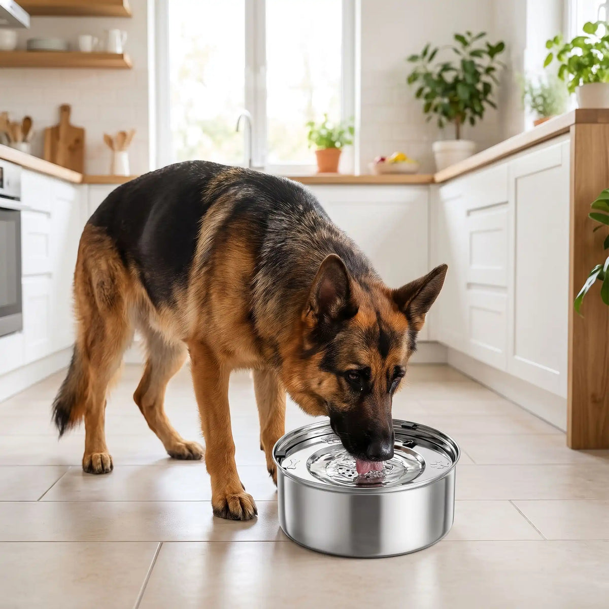 Gamelle-eau-chien-chiot anti-renversement, anti-éclaboussure en inox 304 de qualité alimentaire avec pieds antidérapants avec son plateau filtre anitbactéries, poussières, et poils, le tout 100% inox lavable au lave vaisselle, disponible en deux modèles : 1 litre et 3 litres pour chien de petite à grande taille-un chien grande race qui boit proprement l'eau fraiche et hygiénique de la gamelle 100% inox anti odeur et bactéries avec ses pieds antidérapants sur le sol en carrelage de la cuisine de la maison