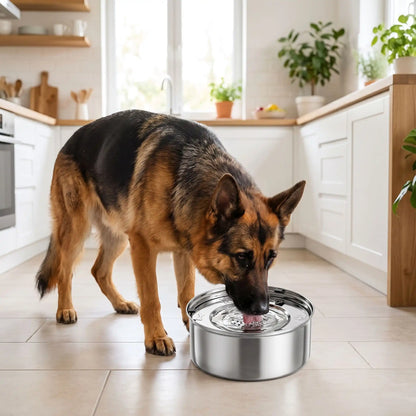 Gamelle-eau-chien-chiot anti-renversement, anti-éclaboussure en inox 304 de qualité alimentaire avec pieds antidérapants avec son plateau filtre anitbactéries, poussières, et poils, le tout 100% inox lavable au lave vaisselle, disponible en deux modèles : 1 litre et 3 litres pour chien de petite à grande taille-un chien grande race qui boit proprement l'eau fraiche et hygiénique de la gamelle 100% inox anti odeur et bactéries avec ses pieds antidérapants sur le sol en carrelage de la cuisine de la maison
