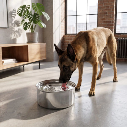 Gamelle-eau-chien-chiot anti-renversement, anti-éclaboussure en inox 304 de qualité alimentaire avec pieds antidérapants avec son plateau filtre anitbactéries, poussières, et poils, le tout 100% inox lavable au lave vaisselle, disponible en deux modèles : 1 litre et 3 litres pour chien de petite à grande taille-un chien race moyenne qui boit proprement l'eau fraiche et hygiénique de la gamelle 100% inox anti odeur et bactéries avec ses pieds antidérapants sur le sol design du loft 