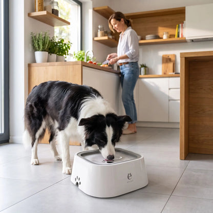 Gamelle-eau-chien-propre-1500ml pour chien et chiot anti-renversement, anti-bave, anti éclaboussures avec sa base évasée en bas et ses pieds antidérapants , sa base flottante et son contour qui bloque le tout,sans BPA, abs de qualité alimentaire,lavable en lave-vaisselle, démontable en 3 parties, robuste en 4 coloris : gris, blanc, bleu et rose- un grand chien actif qui boit sans se mouiller et proprement dans sa gamelle d'eau et fraiche sur le sol en lino propre de la cuisine de l'appartement