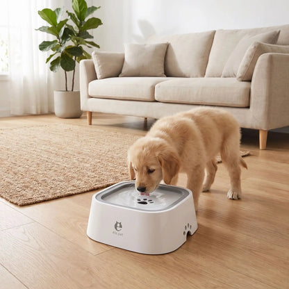 Gamelle-eau-chien-propre-1500ml pour chien et chiot anti-renversement, anti-bave, anti éclaboussures avec sa base évasée en bas et ses pieds antidérapants , sa base flottante et son contour qui bloque le tout,sans BPA, abs de qualité alimentaire,lavable en lave-vaisselle, démontable en 3 parties, robuste en 4 coloris : gris, blanc, bleu et rose- un chiot de race moyenne qui boit sans se mouiller et proprement dans sa gamelle d'eau et fraiche sur le sol en parquet propre du salon de la maison