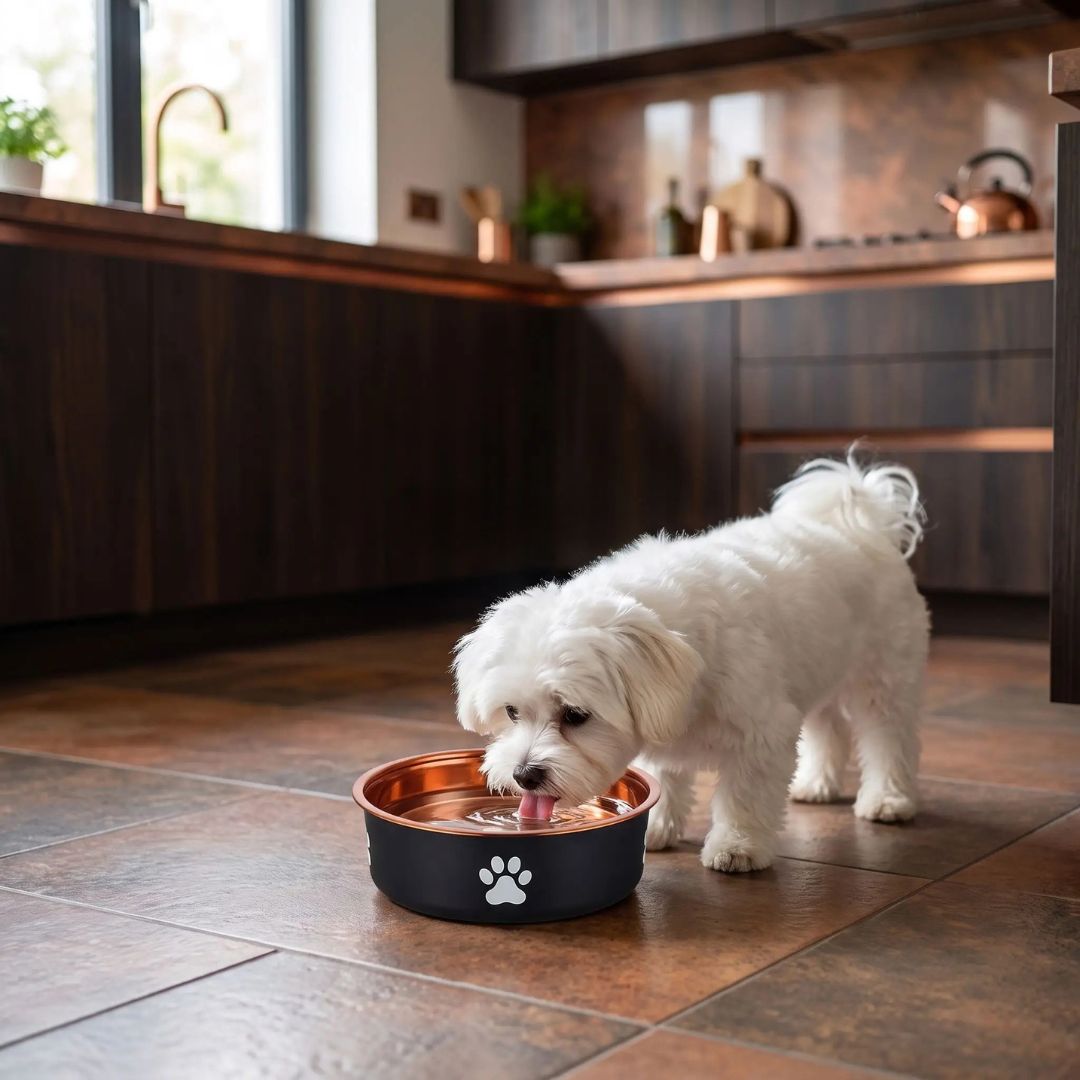Gamelle-en-inox 304 robuste et indéformable pour chien et chiot design hygiénique, lavable en lave-vaisselle avec son fond antidérapant en silicone pour une stabilité à toute épreuve, anti renversement, anti éclaboussures, design noir avec une patte de chien blanche et intérieur chic de couleur or ou bronze, disponible en 3 tailles 250/500/1000 ml pour toute taille, race de chiot ou chien du petite, moyenne à grande-un petit chien qui boit dans sa gamelle d'eau propre et fraîche sur le sol de la cuisine 