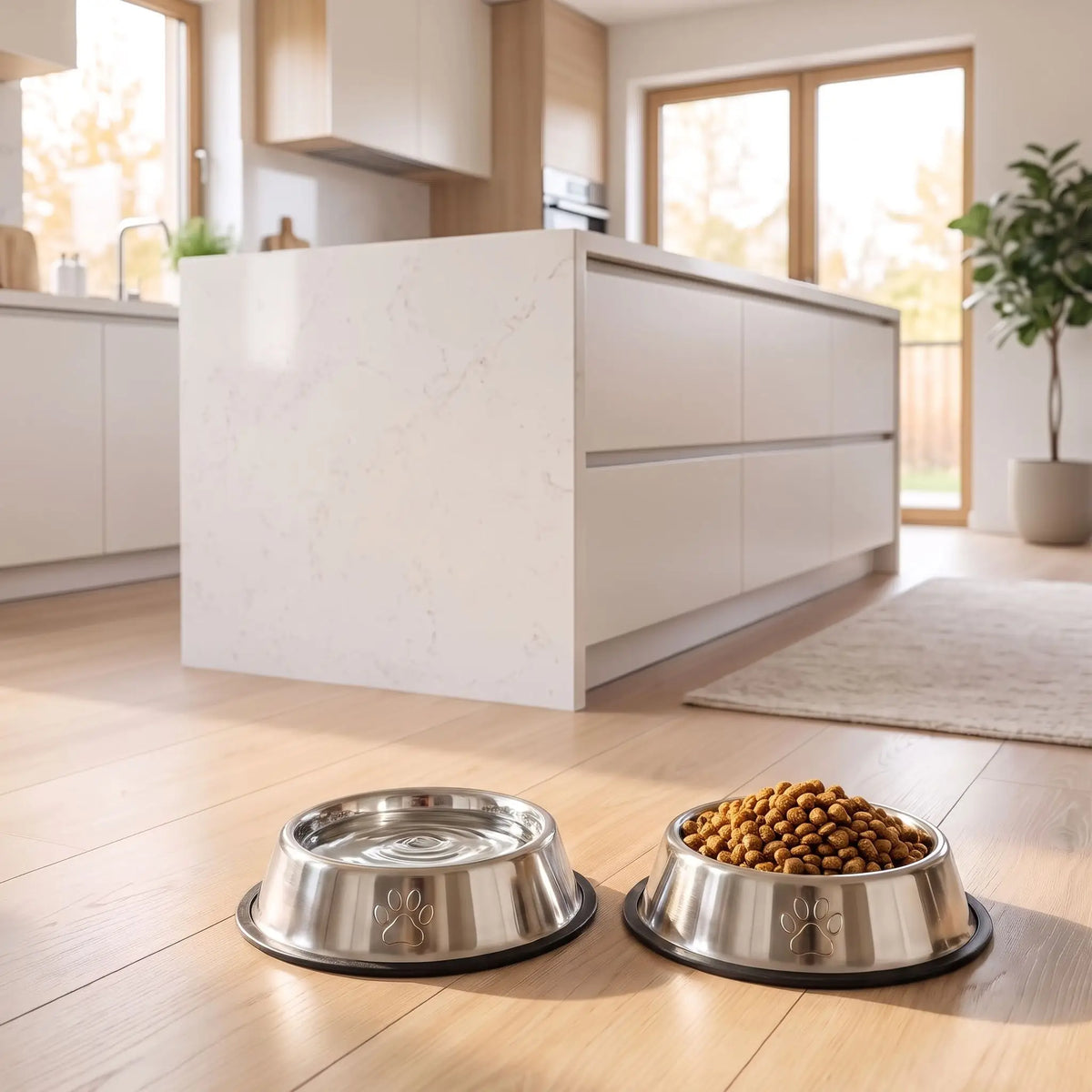 Gamelle-en-inox-pour-chien-chiot-lot-de-2-base amovible en silicone antidérapante et anti-renversement, hygiénique, ne retient pas les odeurs, lavable en lave-vaisselle, disponible en 3 tailles S/M/L pour chiot et chien de petite à moyenne race pour des rations de 200/250/330 grammes chacune selon les tailles-gros plan sur le lot des deux gamelles inox remplie de croquettes et d'eau avec leur base antidérapante en silicone amovible noir sur le parquet de la cuisine de la maison