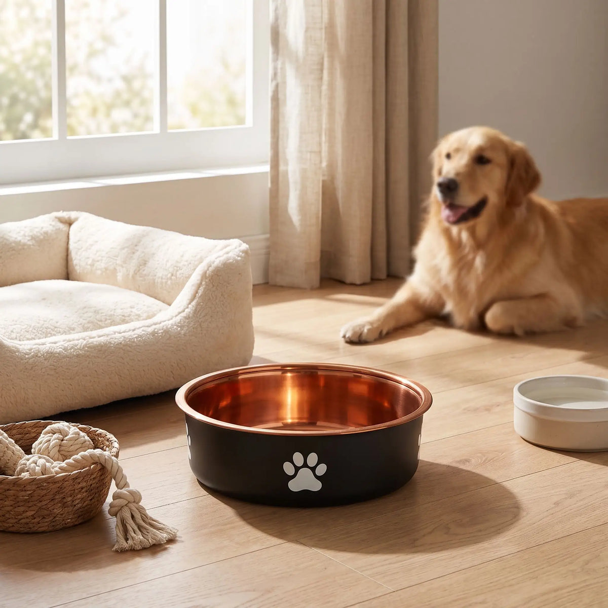 Gamelle-en-inox 304 robuste et indéformable pour chien et chiot design hygiénique, lavable en lave-vaisselle avec son fond antidérapant en silicone pour une stabilité à toute épreuve, anti renversement, anti éclaboussures, design noir avec une patte de chien blanche et intérieur chic de couleur or ou bronze, disponible en 3 tailles 250/500/1000 ml pour toute taille, race de chiot ou chien du petite, moyenne à grande-gros plan de la gamelle en inox design noir et bronze robuste en 1 litre sur le sol du salon