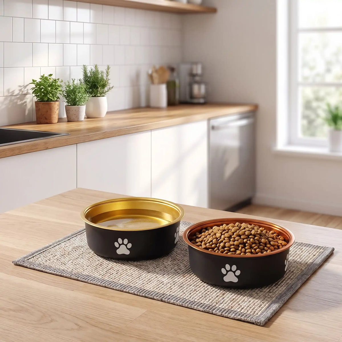 Gamelle-en-inox 304 robuste et indéformable pour chien et chiot design hygiénique, lavable en lave-vaisselle avec son fond antidérapant en silicone pour une stabilité à toute épreuve, anti renversement, anti éclaboussures, design noir avec une patte de chien blanche et intérieur chic de couleur or ou bronze, disponible en 3 tailles 250/500/1000 ml pour toute taille, race de chiot ou chien du petite, moyenne à grande-gros plan sur les 2 gamelles design, une noir et or et l'autre noir et bronze remplies 