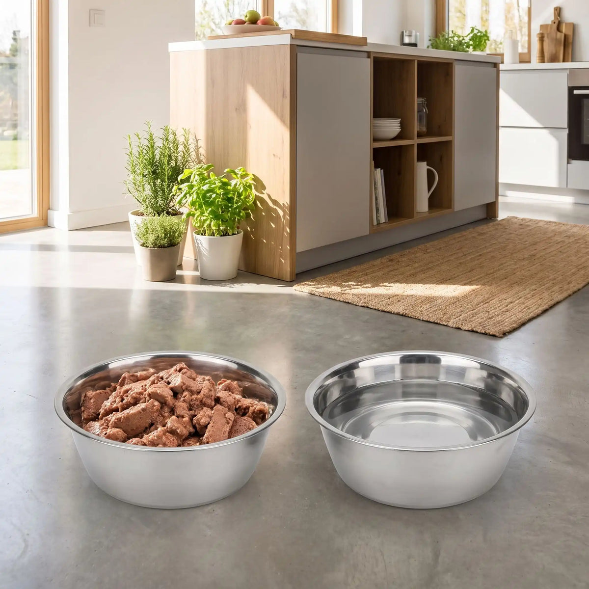 Gamelle-en-inox-pour-chien-3-tailles-lot-de-2, durable, hygiénique, indéformable, lavable en lave-vaisselle, compatible avec support gamelle, en 3 tailles avec diamètre 14/17/19 cm pour une contenance de 0,4/0,75/1,5 litres pour chiot et chien de petite à moyenne taille de 0 à 30 kg-gros plan sur les deux gamelles en inox avec une remplie de nourriture et l'autre d'eau fraiche et transparente pour une hygiéne parfaite sur le sol en lino de la cuisine de la maison