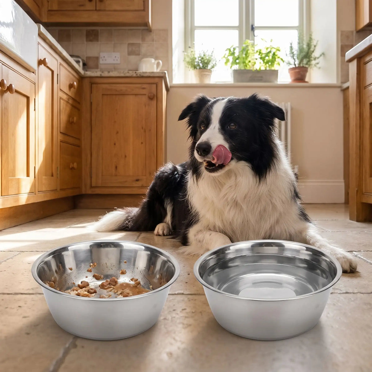 Gamelle-en-inox-pour-chien-3-tailles-lot-de-2, durable, hygiénique, indéformable, lavable en lave-vaisselle, compatible avec support gamelle, en 3 tailles avec diamètre 14/17/19 cm pour une contenance de 0,4/0,75/1,5 litres pour chiot et chien de petite à moyenne taille de 0 à 30 kg-gros plan sur le deux gamelles de 1,5 litres avec une qui contient des restes de repas et l'autre de l'eau saine et propre avec un chien de taille moyenne allongé en arrière plan qui se lèche les babines après avoir bien mangé 
