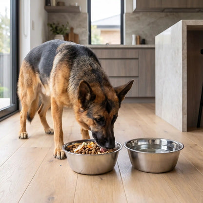 Gamelle-en-inox-pour-chien-3-tailles-lot-de-2, durable, hygiénique, indéformable, lavable en lave-vaisselle, compatible avec support gamelle, en 3 tailles avec diamètre 14/17/19 cm pour une contenance de 0,4/0,75/1,5 litres pour chiot et chien de petite à moyenne taille de 0 à 30 kg-unchien de grande taille  qui mange sa pâté dans la gamelle en inox hygiénique de qualité alimentaire et son autre gamelle inox remplie d'eau fraiche sur le sol de la cuisine de la maison