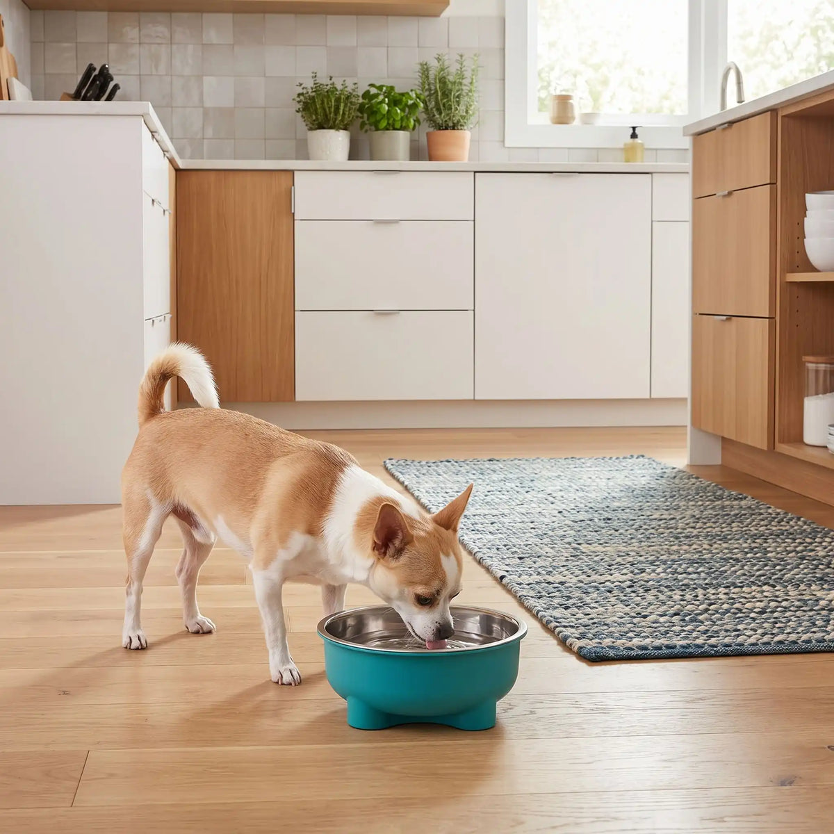 Gamelle-en-inox-pour-chien-petite-taille-surélevée sur pieds antidérapant avec gamelle en inox lavable en lave-vaisselle amovible et son support PP sans BPA avec une capacité de 500 ml pour chiot et chien de petite à moyenne taille, disponible en 4 coloris  jaune, vert, bleu et rouge-un chien de race naine qui boit son eau fraiche et propre dans sa gamelle en inox dans son support design surélevée de couleur vert émeraude sur le sol en parquet de la cuisine de l'appartement