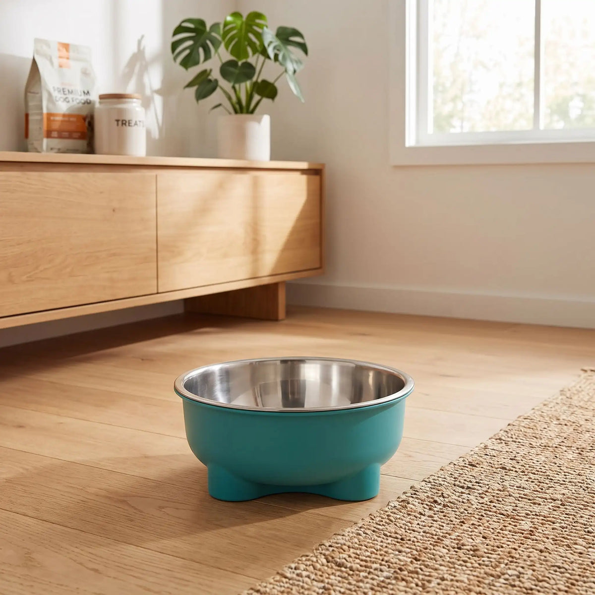 Gamelle-en-inox-pour-chien-petite-taille-surélevée sur pieds antidérapant avec gamelle en inox lavable en lave-vaisselle amovible et son support PP sans BPA avec une capacité de 500 ml pour chiot et chien de petite à moyenne taille, disponible en 4 coloris  jaune, vert, bleu et rouge-gros plan sur la gamelle en inox dans son support surélevé avec pieds antidérapant et anti-rayure de couleur vert sur le sol en parquet du salon
