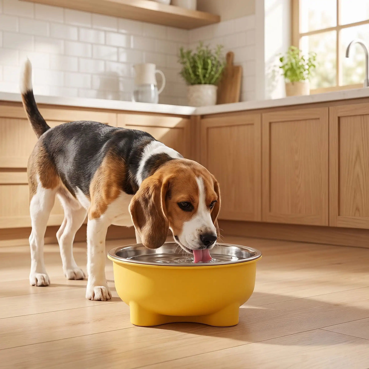 Gamelle-en-inox-pour-chien-petite-taille-surélevée sur pieds antidérapant avec gamelle en inox lavable en lave-vaisselle amovible et son support PP sans BPA avec une capacité de 500 ml pour chiot et chien de petite à moyenne taille, disponible en 4 coloris  jaune, vert, bleu et rouge-un chiot de race moyenne qui boit son eau fraiche et propre dans sa gamelle en inox dans son support design surélevée de couleur jaune sur le sol en parquet de la cuisine de la maison