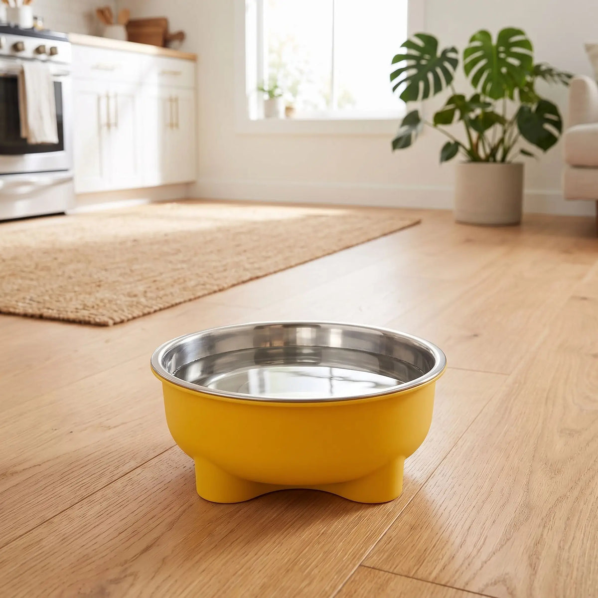 Gamelle-en-inox-pour-chien-petite-taille-surélevée sur pieds antidérapant avec gamelle en inox lavable en lave-vaisselle amovible et son support PP sans BPA avec une capacité de 500 ml pour chiot et chien de petite à moyenne taille, disponible en 4 coloris  jaune, vert, bleu et rouge-gros plan sur la gamelle en inox dans son support surélevé avec pieds antidérapant et anti-rayure de couleur jaune sur le sol en parquet du studio